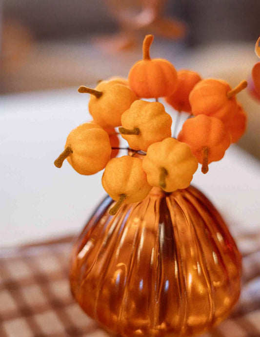 12er-Set Mini-Dekokürbisse am Stiel Orange Samt 13 cm