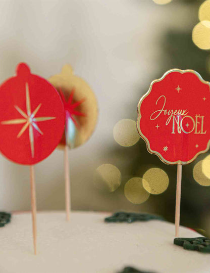 12 Dekopicker Frohe Weihnachten Rot und Gold 9 cm