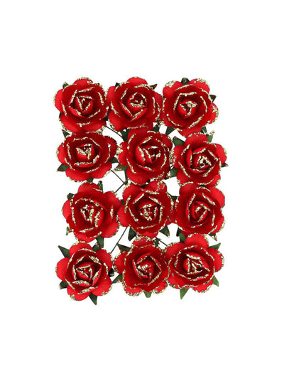 12 Deko-Papierrosen am Stiel rot & gold 3,5 cm