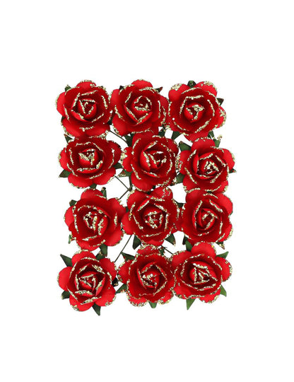 12 Deko-Papierrosen am Stiel rot & gold 3,5 cm