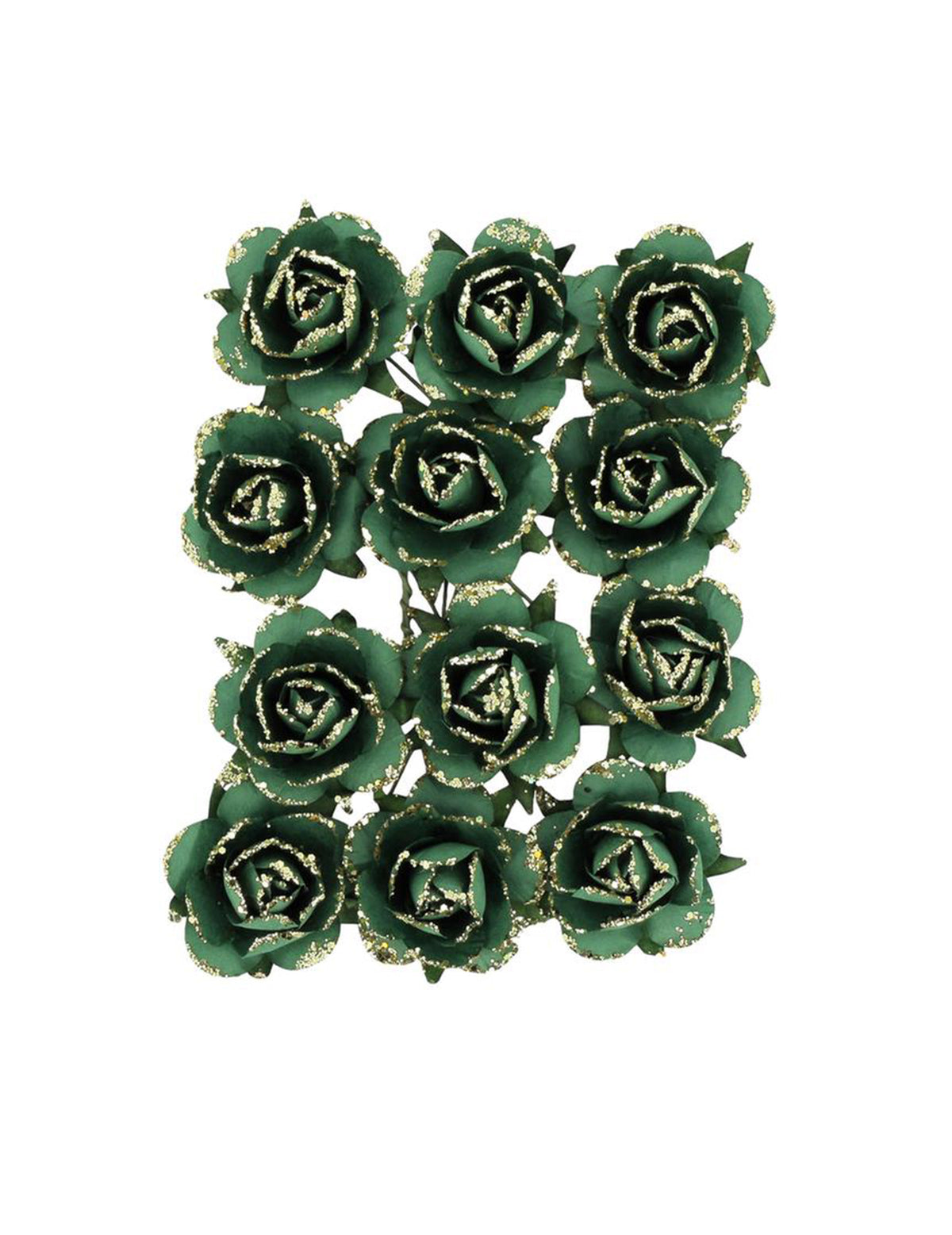 12 Papierrosen am Drahtstiel dunkelgrün & gold 3,5 cm