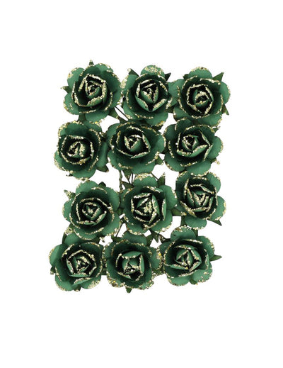 12 Papierrosen am Drahtstiel dunkelgrün & gold 3,5 cm