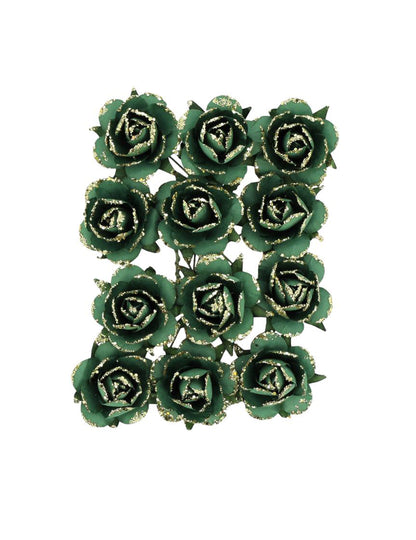 12 Papierrosen am Drahtstiel dunkelgrün & gold 3,5 cm