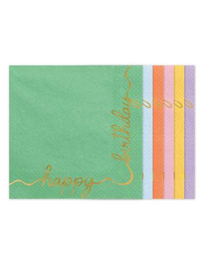 12 Servietten Happy Birthday Pastell & Gold (33 x 33 cm)
