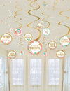 Suspensions à spirale anniversaire boho pour fête dorées et blanches avec motifs de plumes et fleurs