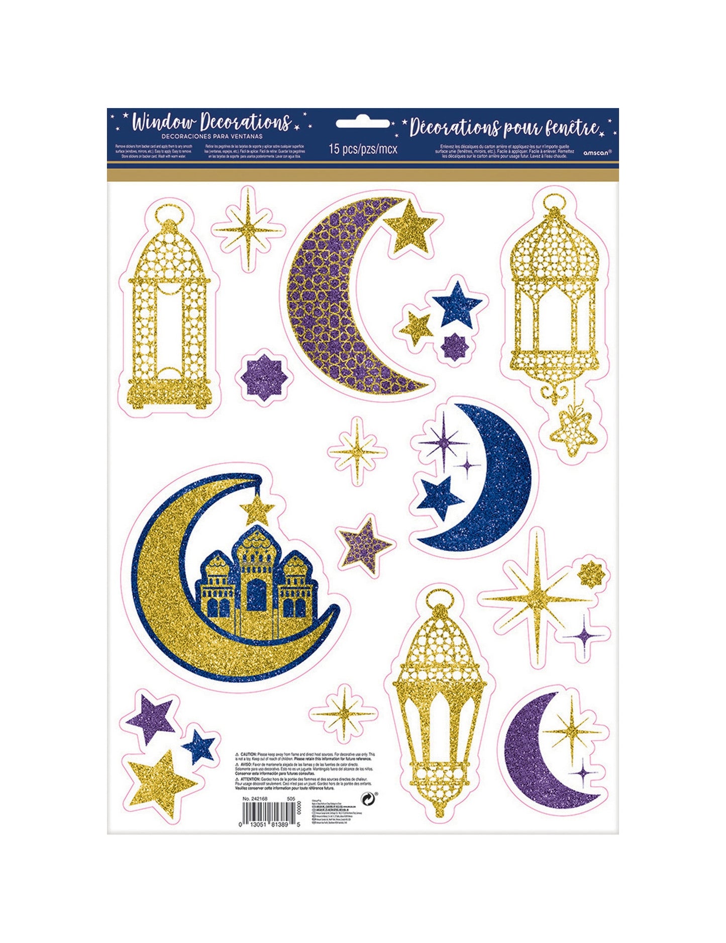 Décorations pour fenêtre Eid Mubarak pour la fête pailletées or bleu et violet réutilisables