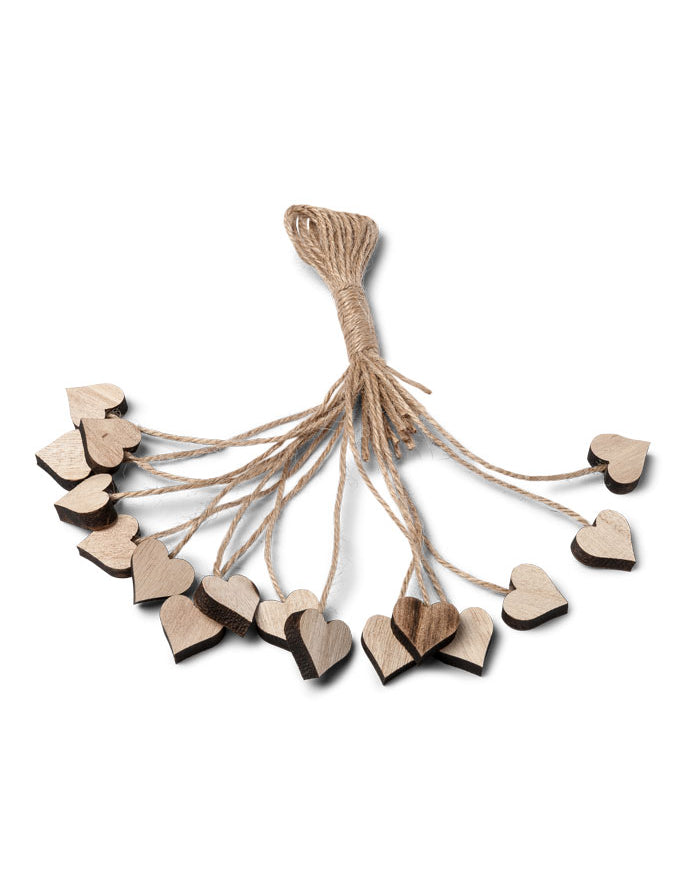 16 coeurs en bois avec ficelle pour décoration couleur naturel