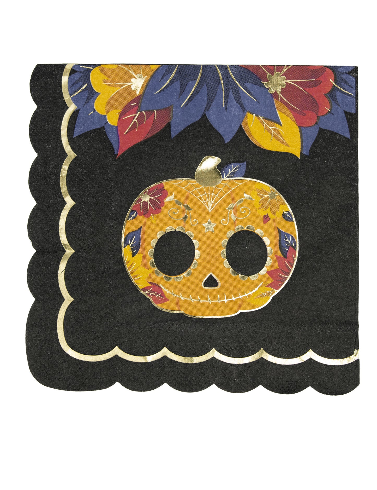 Serviettes festonnées en papier Dia de los muertos noires avec citrouille dorée et feuilles colorées