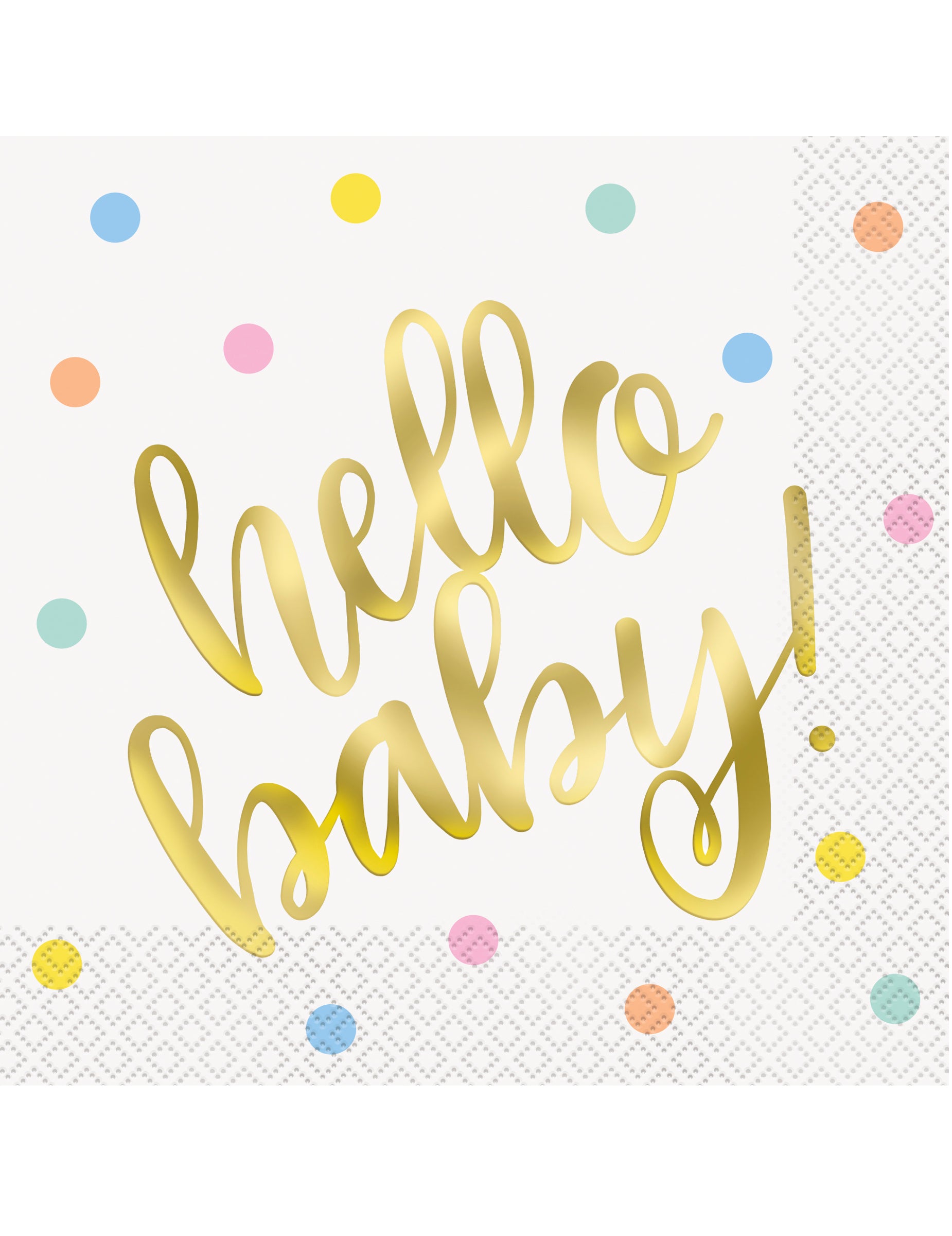 Serviettes en papier hello baby pour baby shower blanches et or avec pois multicolores