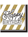 Serviettes en papier Happy Birthday pour anniversaire noires et dorées à rayures pailletées