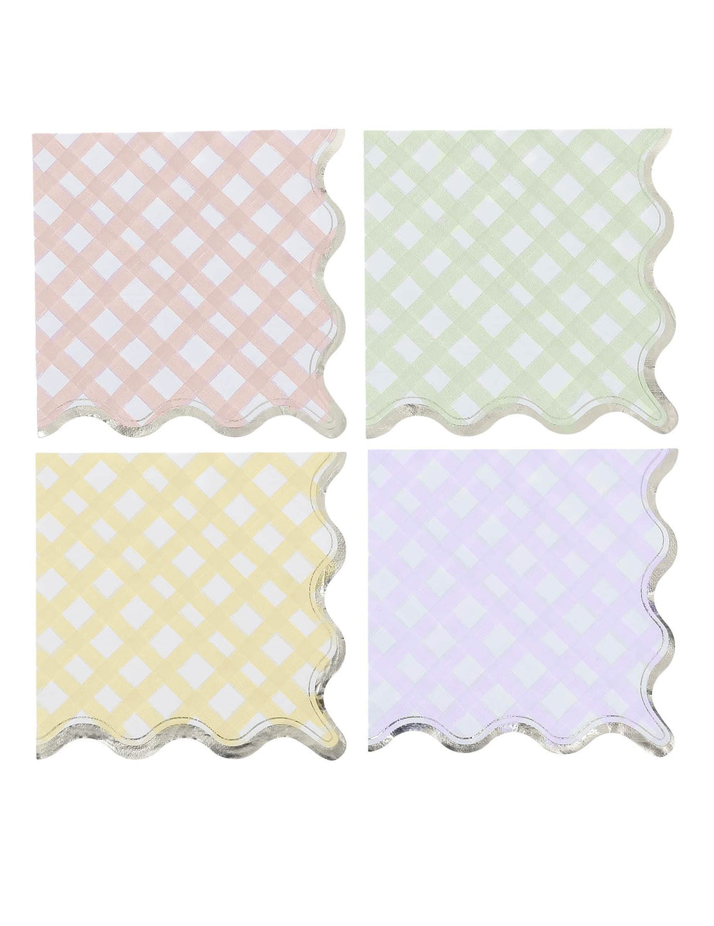 Serviettes en papier à motifs carreaux pour fête lilas rose jaune vert et bordure or ondulée