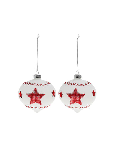 2 boules en verre blanches avec étoiles rouges