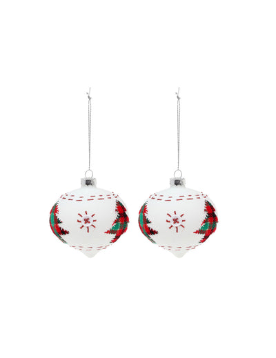 Boules en verre avec sapins pour décoration de Noël blanches avec motifs écossais rouges et verts