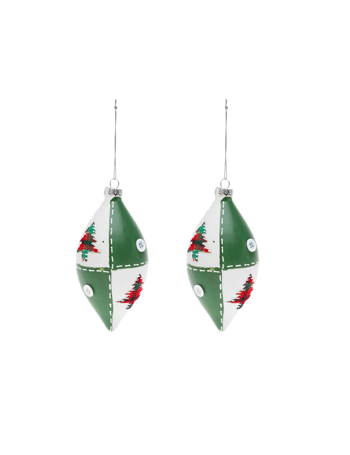 2er-Set Glastropfen-Kugeln mit Tannenmuster zur Weihnachtsdekoration, weiß und grün