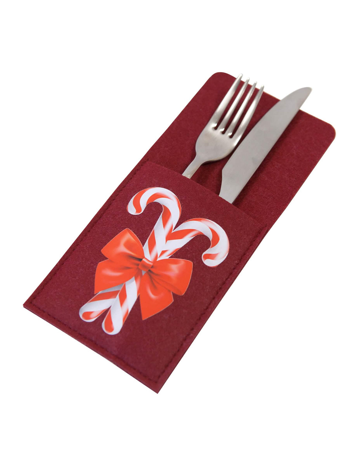 Pochettes porte-couverts en feutrine sucre d'orge pour table rouge et blanc