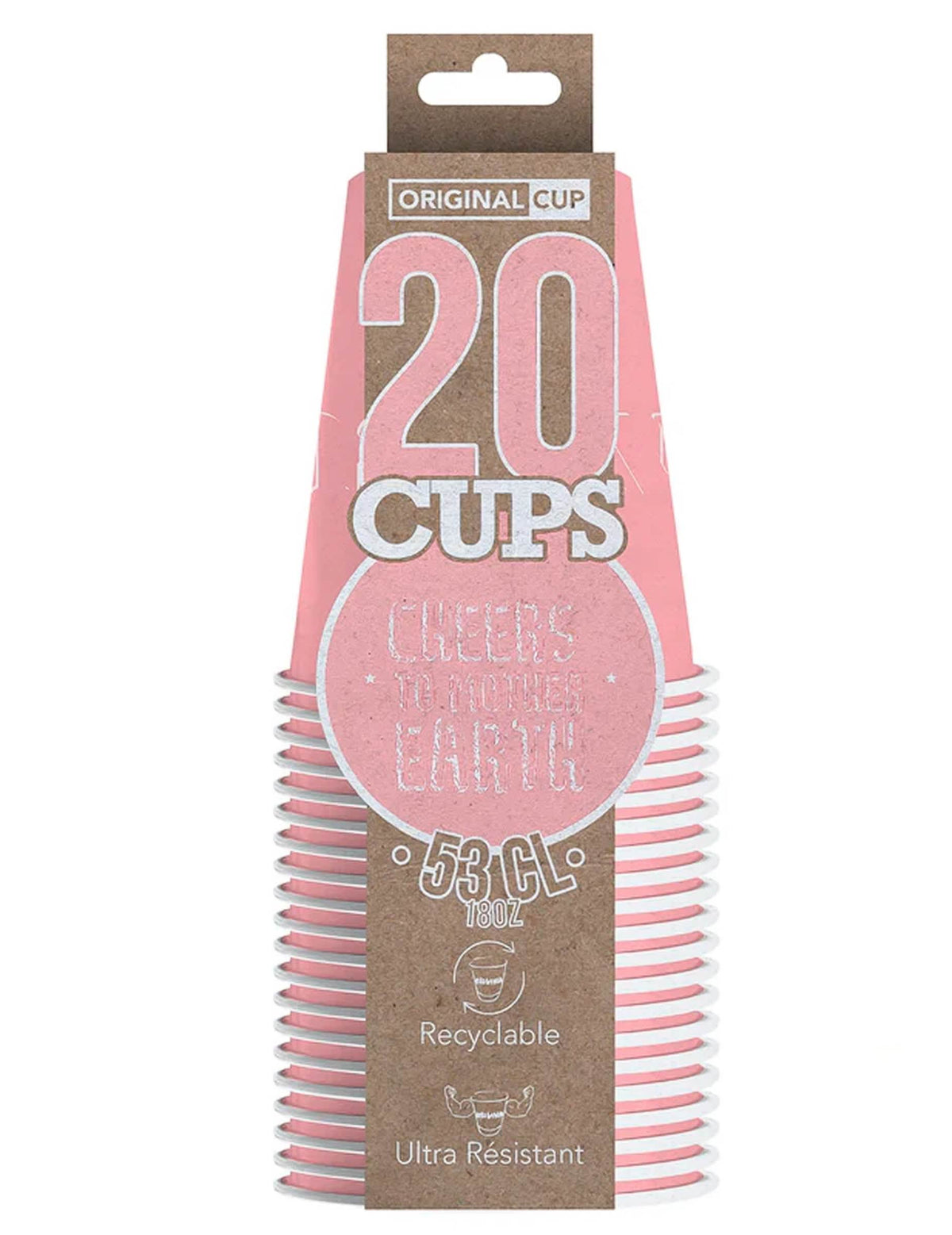 Vue de face de l'emballage des gobelets américains rose pastel en carton recyclable