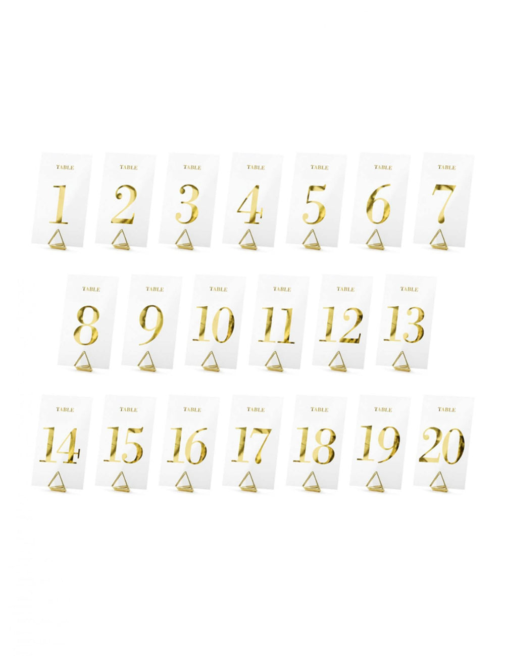 Überblick über die 20 Nummern des transparenten Tischnummerschilds mit Gold-Ziffern für goldene Hochzeit