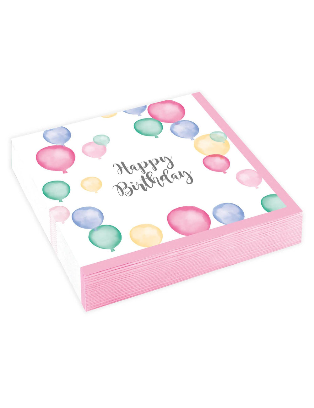 Serviettes en papier Happy Birthday ballons pastel pour fête blanches et roses à motifs aquarelle