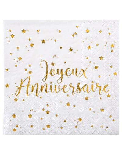 Serviettes en papier joyeux anniversaire métallisé pour décoration de table blanc et doré