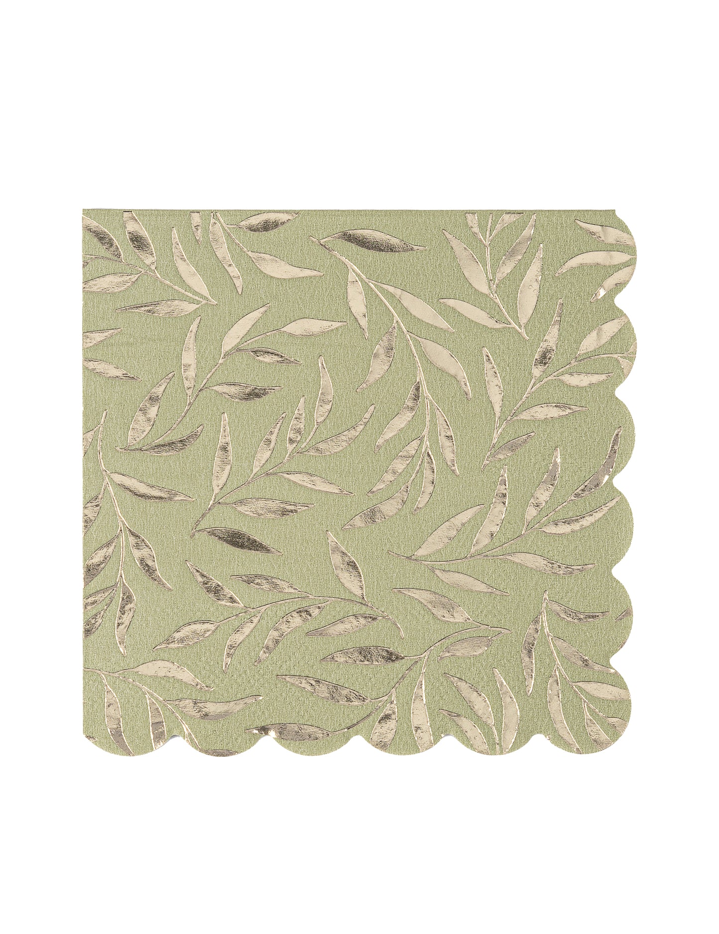Serviettes cocktail en papier à bords festonnés pour fête vert sauge et or