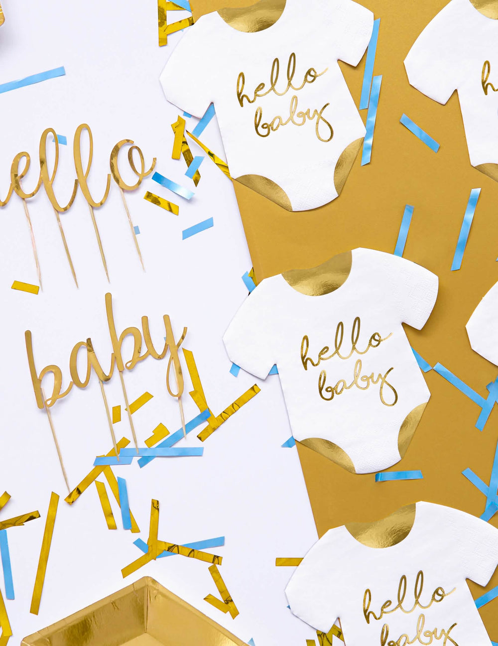 Mise en scène avec confettis des serviettes en papier body Hello Baby