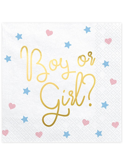 Serviettes en papier Boy or Girl pour baby shower blanches avec inscriptions dorées cœurs et étoiles