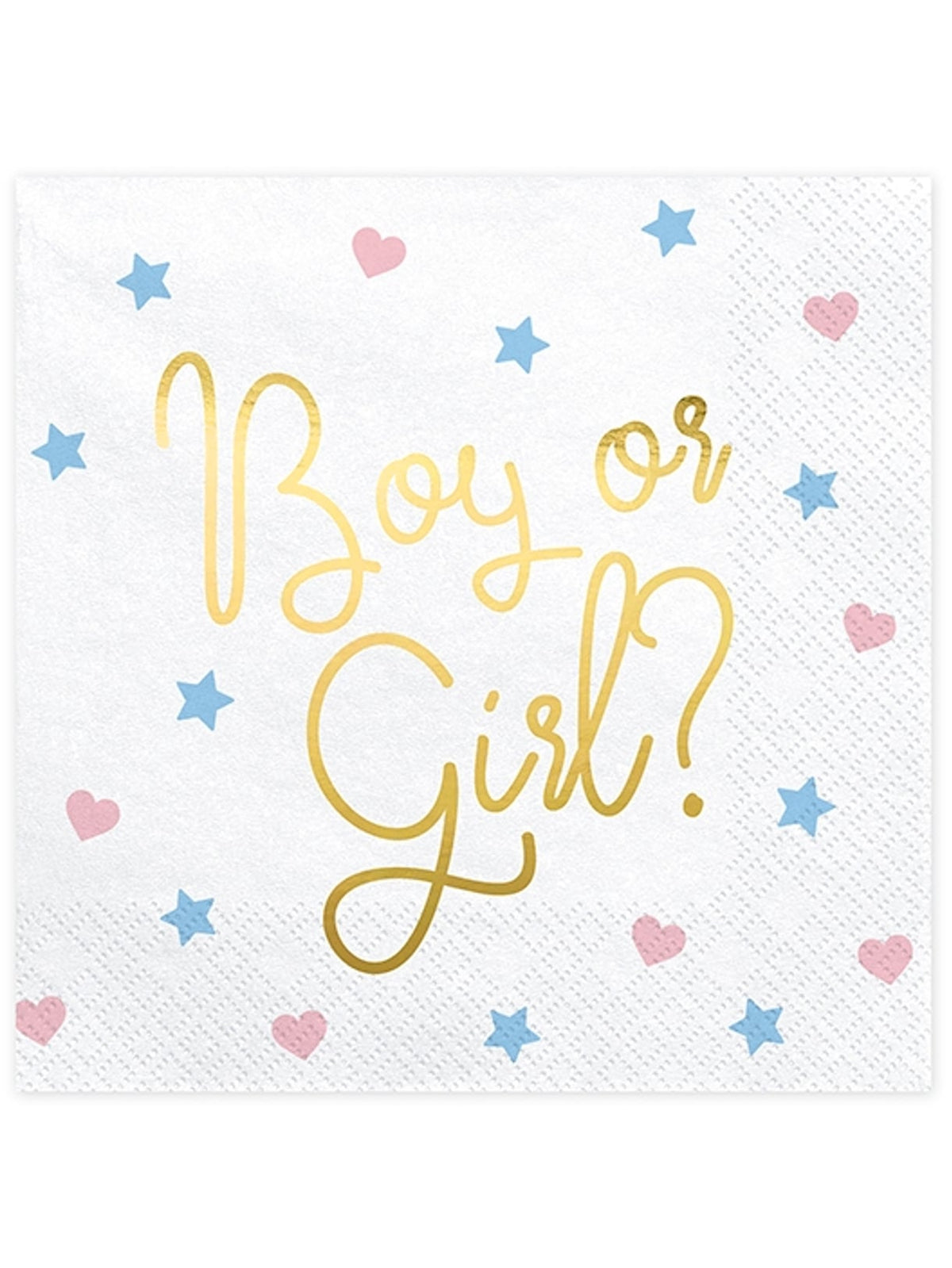 Serviettes en papier Boy or Girl pour baby shower blanches avec inscriptions dorées cœurs et étoiles