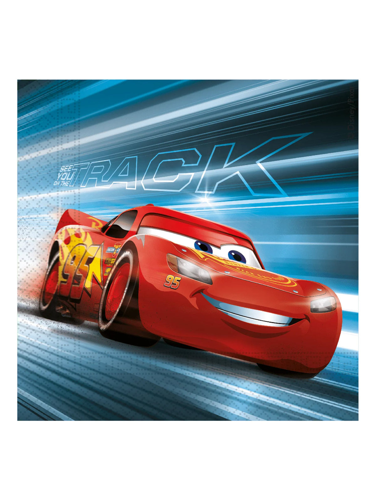 Serviettes en papier Cars pour enfant rouge avec Flash McQueen sur un circuit bleu