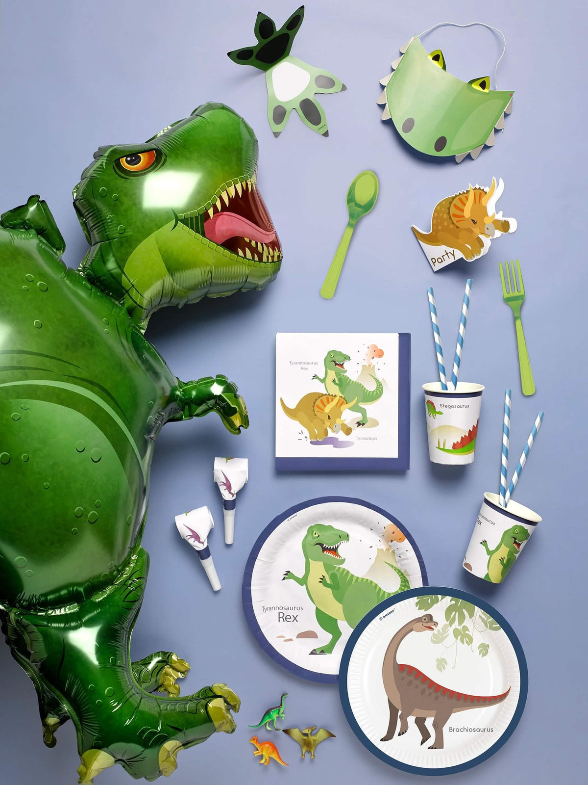Übersicht mit Partydekoration aus Servietten große Dinosaurier
