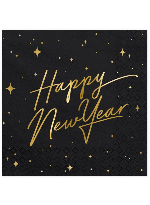 Serviettes en papier Happy New Year noires et dorées avec décor étoilé