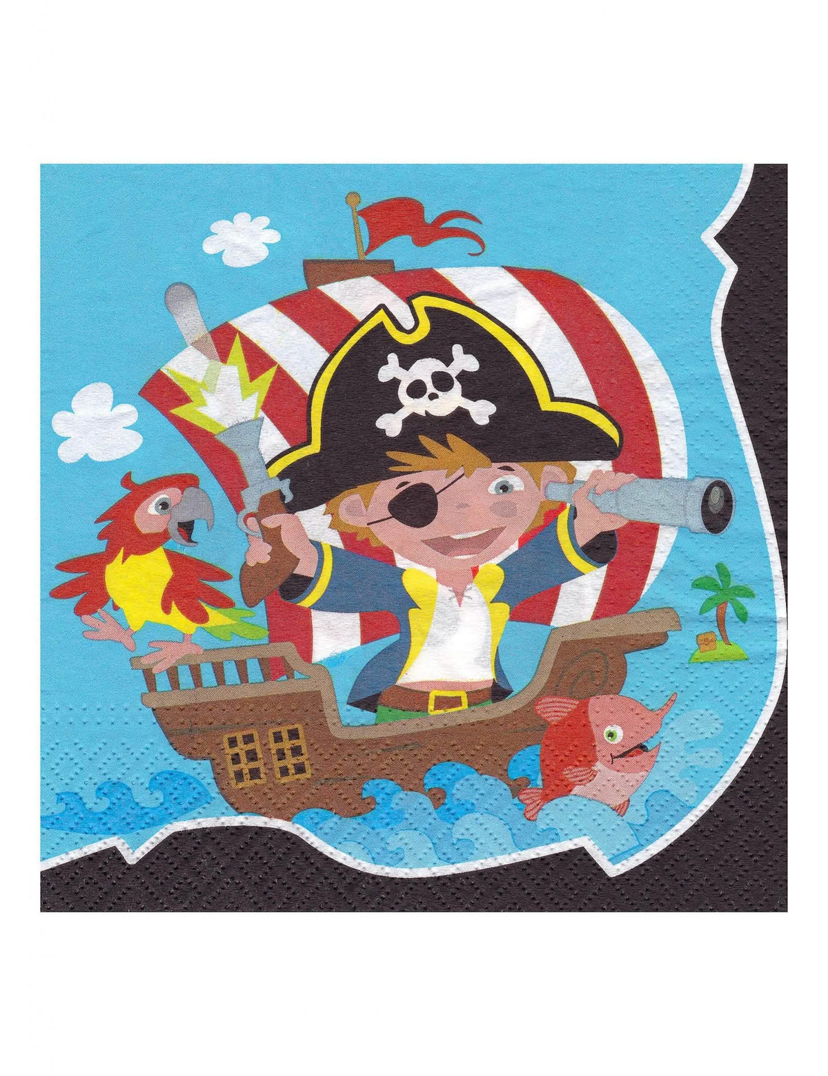Serviettes en papier pirate pour anniversaire enfant bleues avec illustration de bateau et perroquet