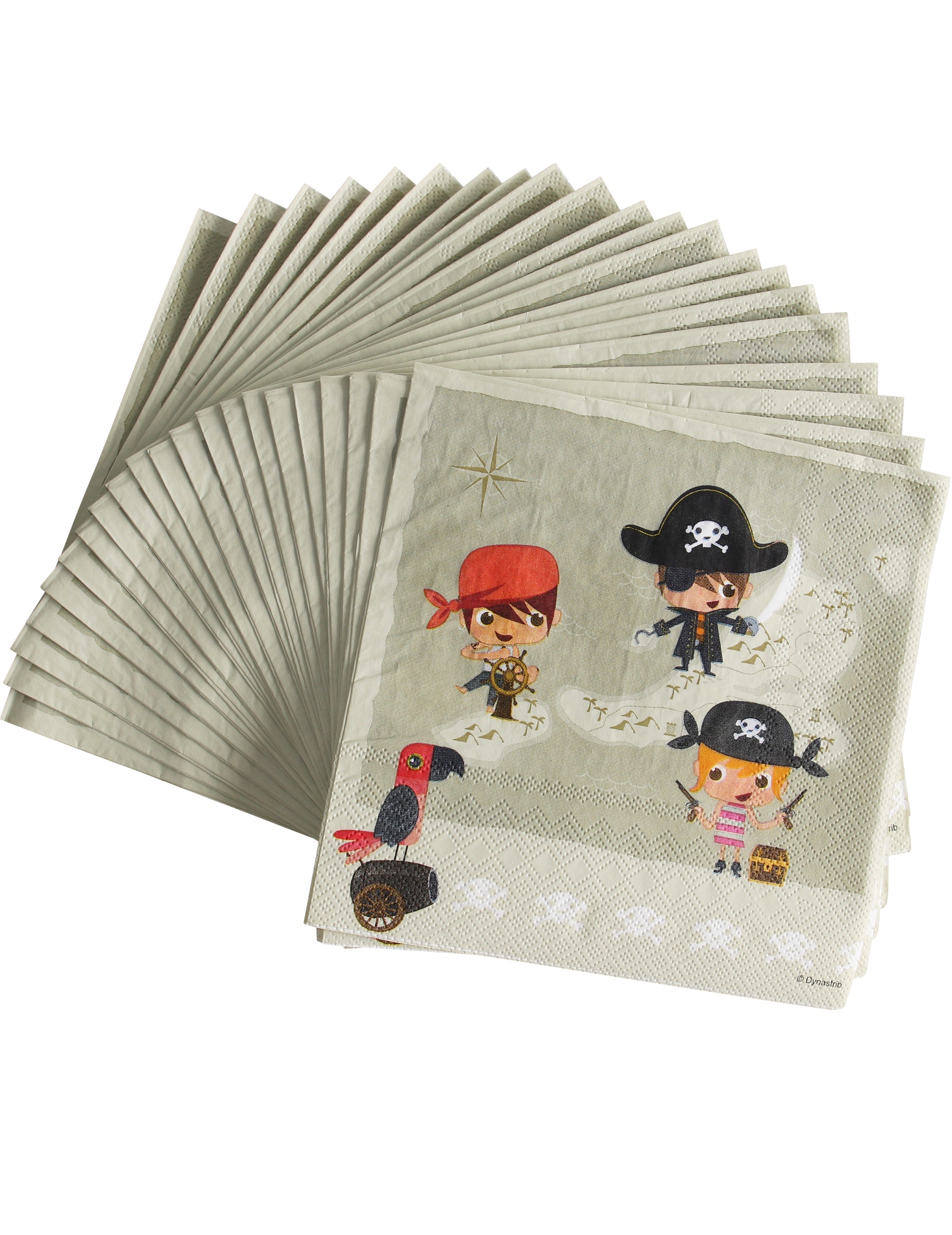 Serviettes en papier Pirate au trésor pour enfant beige avec illustrations de pirates et perroquet