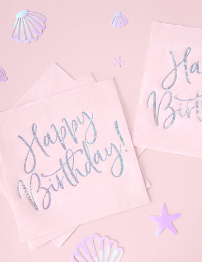 Serviettes en papier Happy Birthday pour fête roses et iridescent