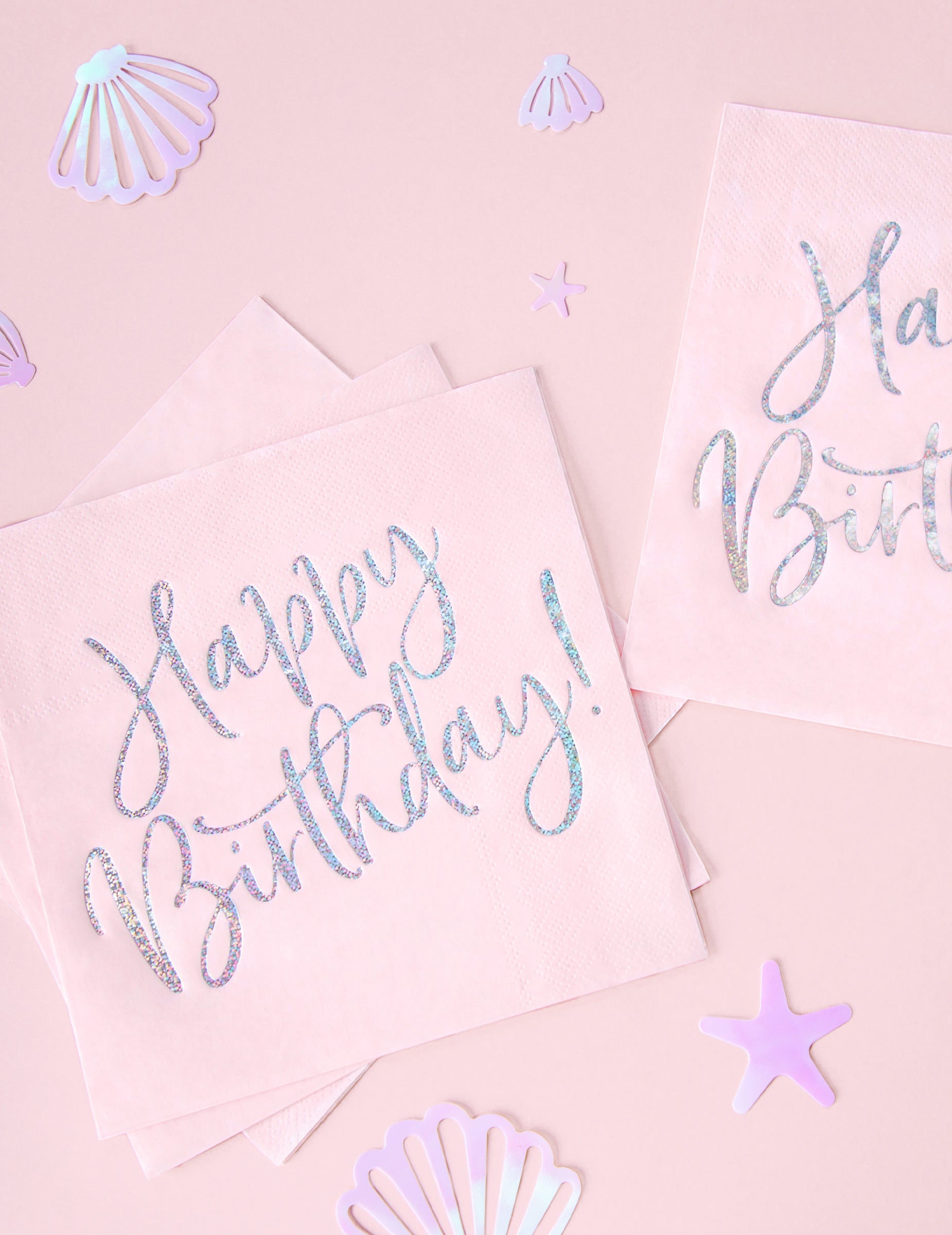 Serviettes en papier Happy Birthday pour fête roses et iridescent