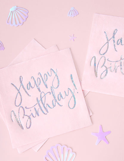 Serviettes en papier Happy Birthday pour fête roses et iridescent