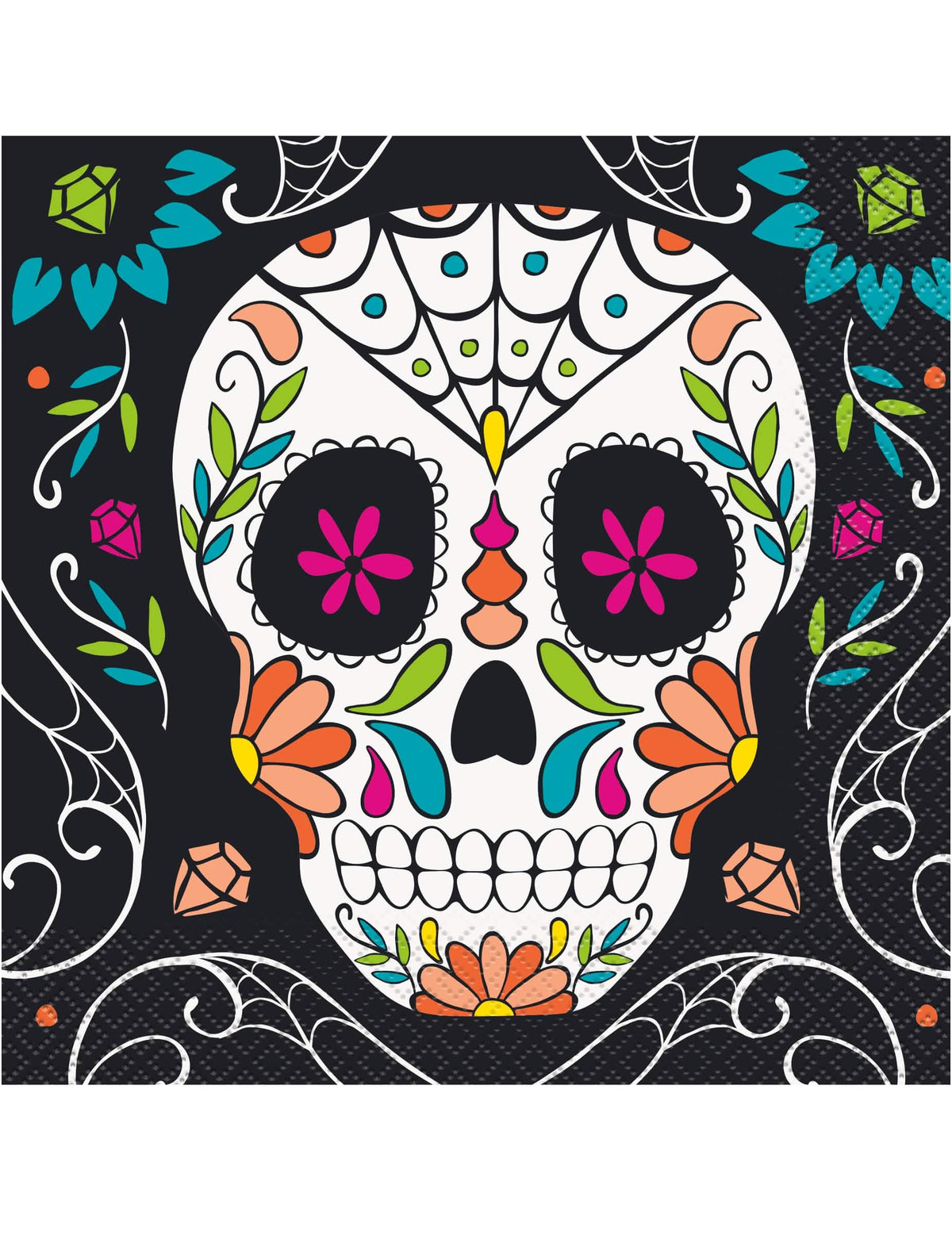 Serviettes en papier tête de mort Day of the Dead pour fête multicolores sur fond noir