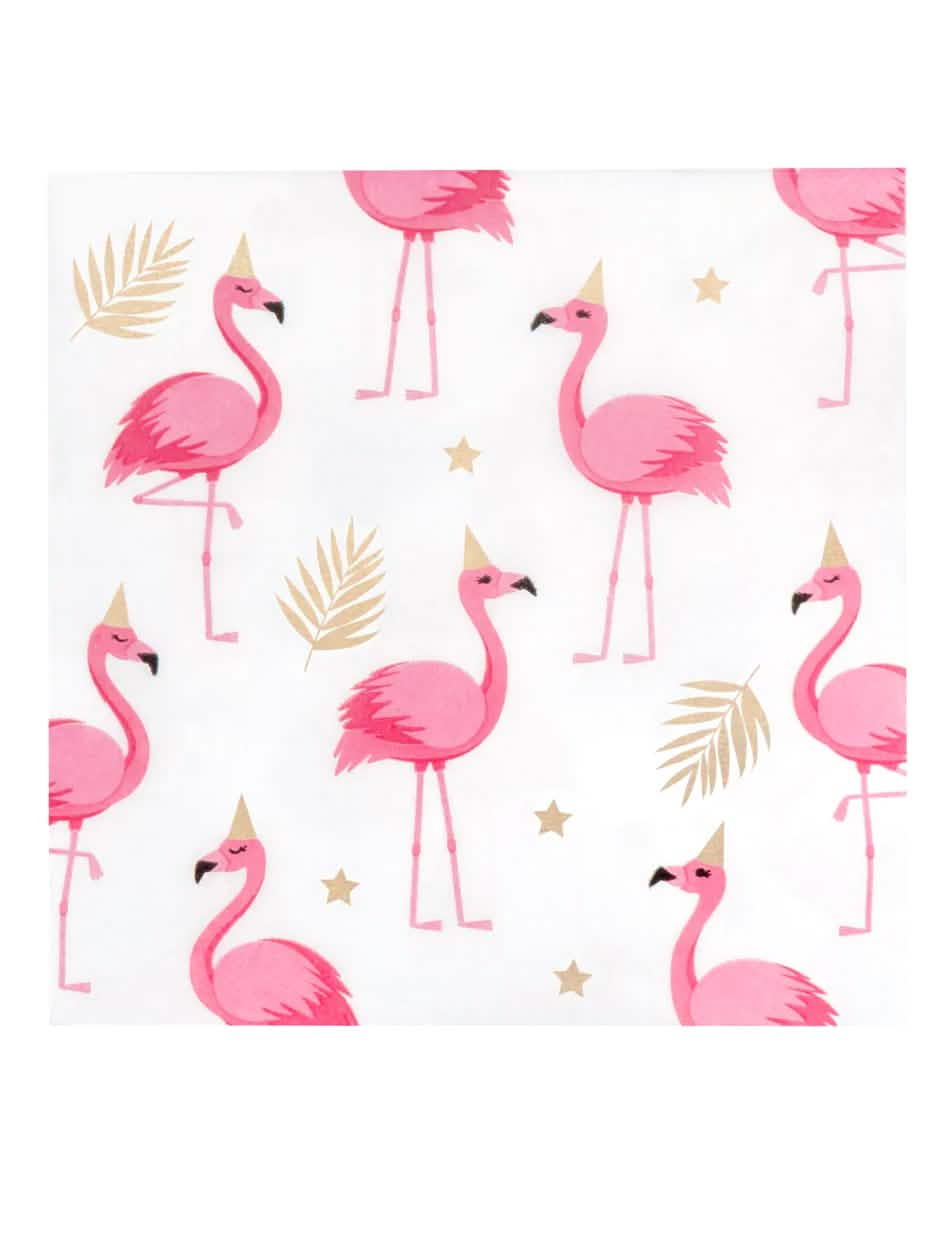 Serviettes en papier Flamant Tropic pour fête rose et blanc à motifs dorés