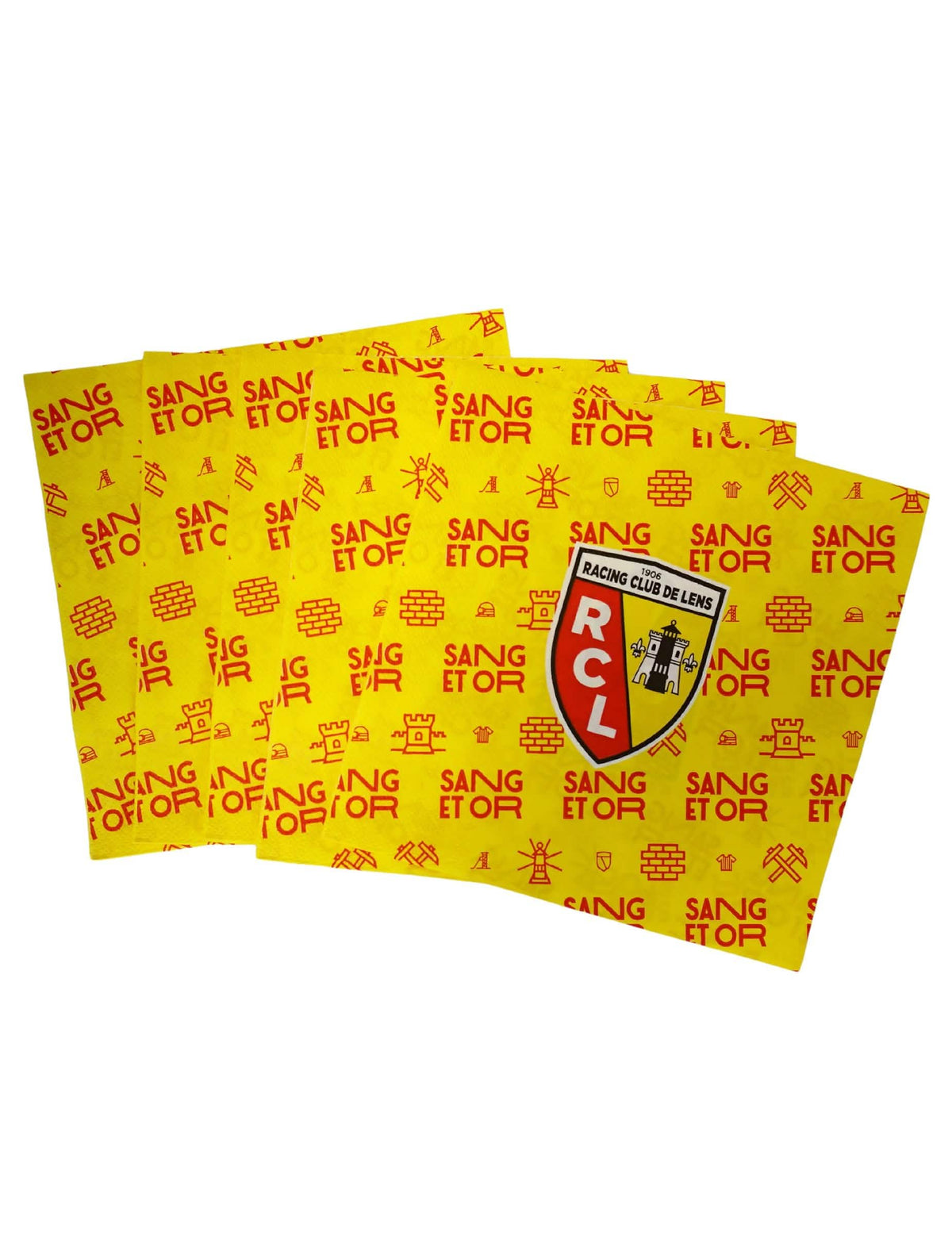 Serviettes RC Lens pour supporters jaune et rouge avec logo Sang et Or