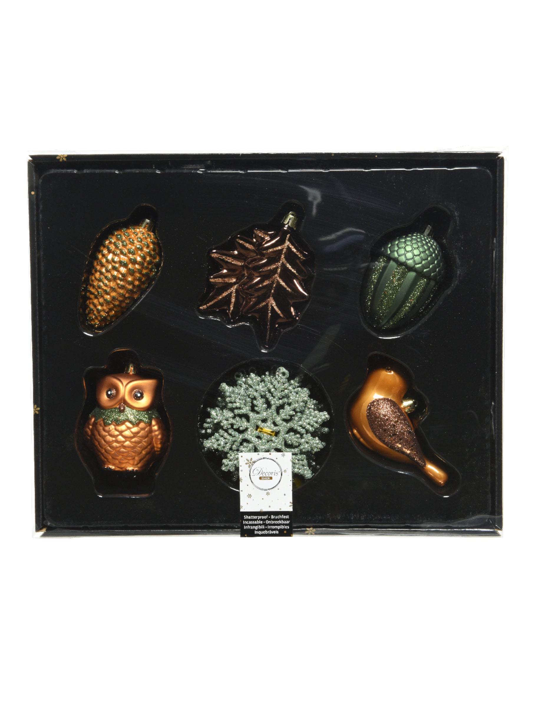 Vue du coffret des suspensions Noël nature animaux et flocons pour sapin