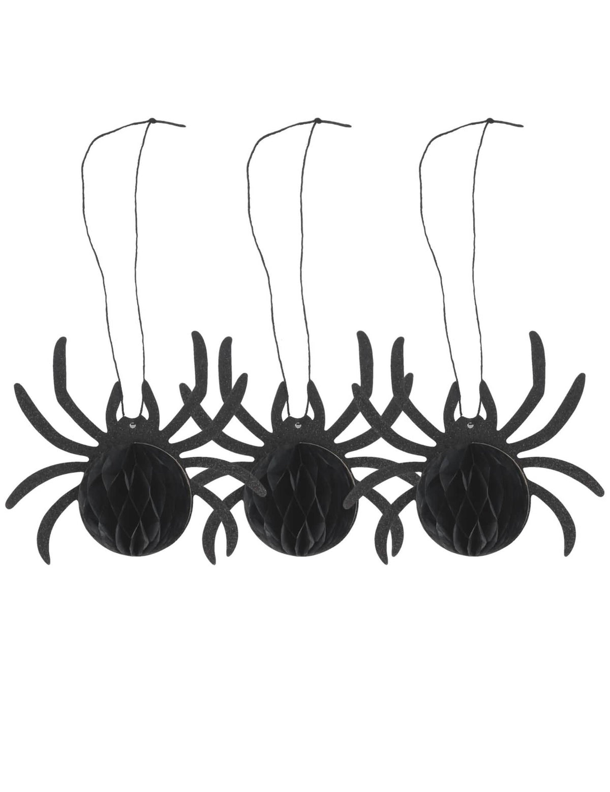 3er-Set Halloween-Spinnen aus schwarzem Wabenpapier mit Glitzer 14x12x6 cm