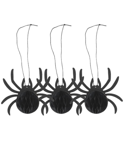 3er-Set Halloween-Spinnen aus schwarzem Wabenpapier mit Glitzer 14x12x6 cm