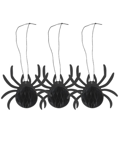 3er-Set Halloween-Spinnen aus schwarzem Wabenpapier mit Glitzer 14x12x6 cm