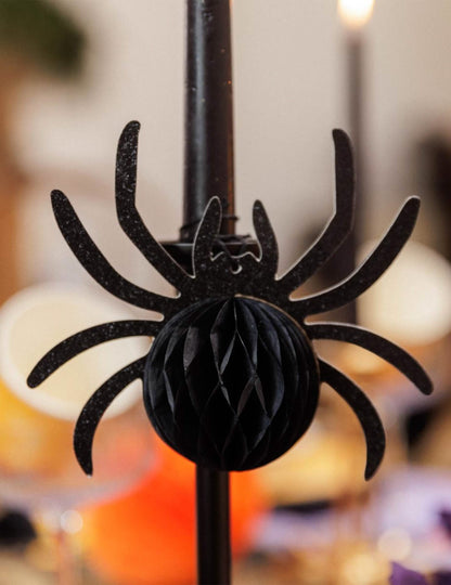 3er-Set Halloween-Spinnen aus schwarzem Wabenpapier mit Glitzer 14x12x6 cm