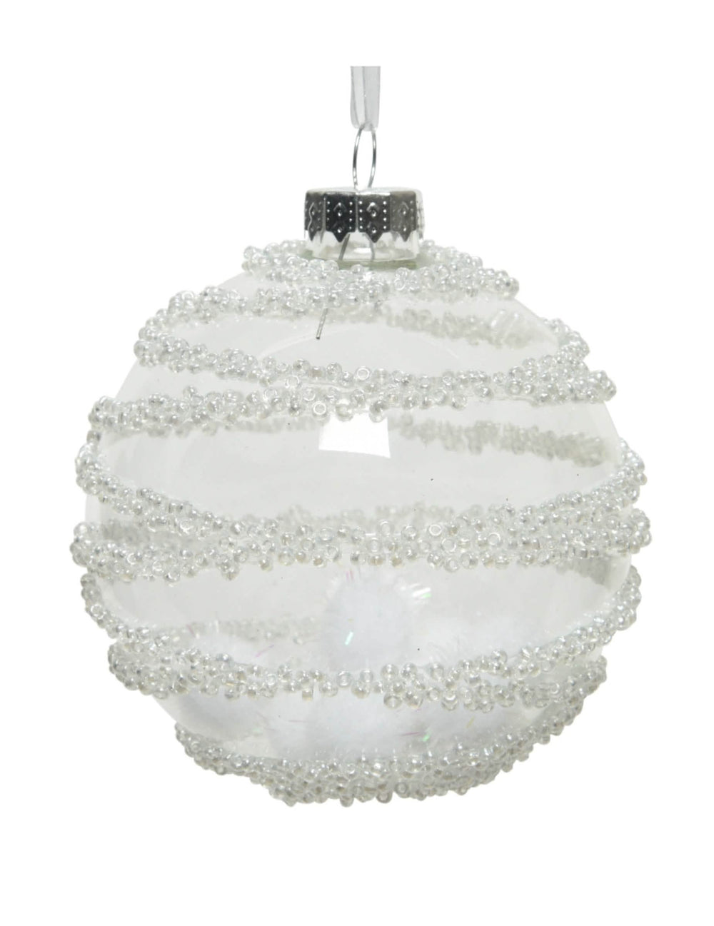 Boule en verre décor neige pour décoration de Noël transparente avec pompons blancs