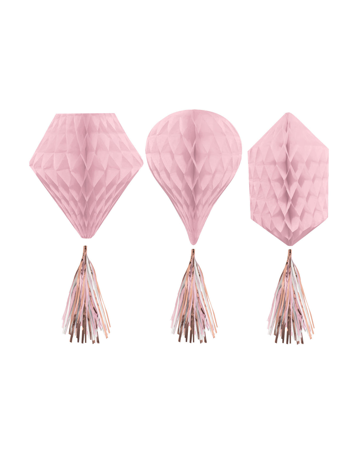 3 décorations à suspendre alvéolées en papier rose gold avec pompons