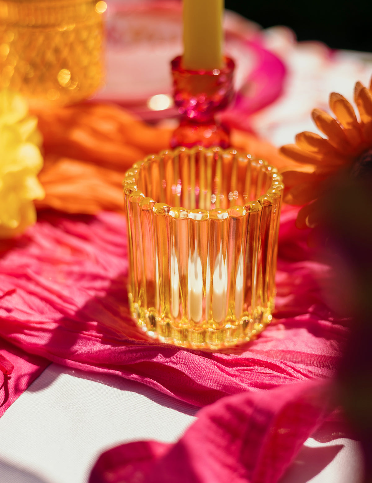 3 Windlichter aus Glas in Rosa, Orange und Gelb