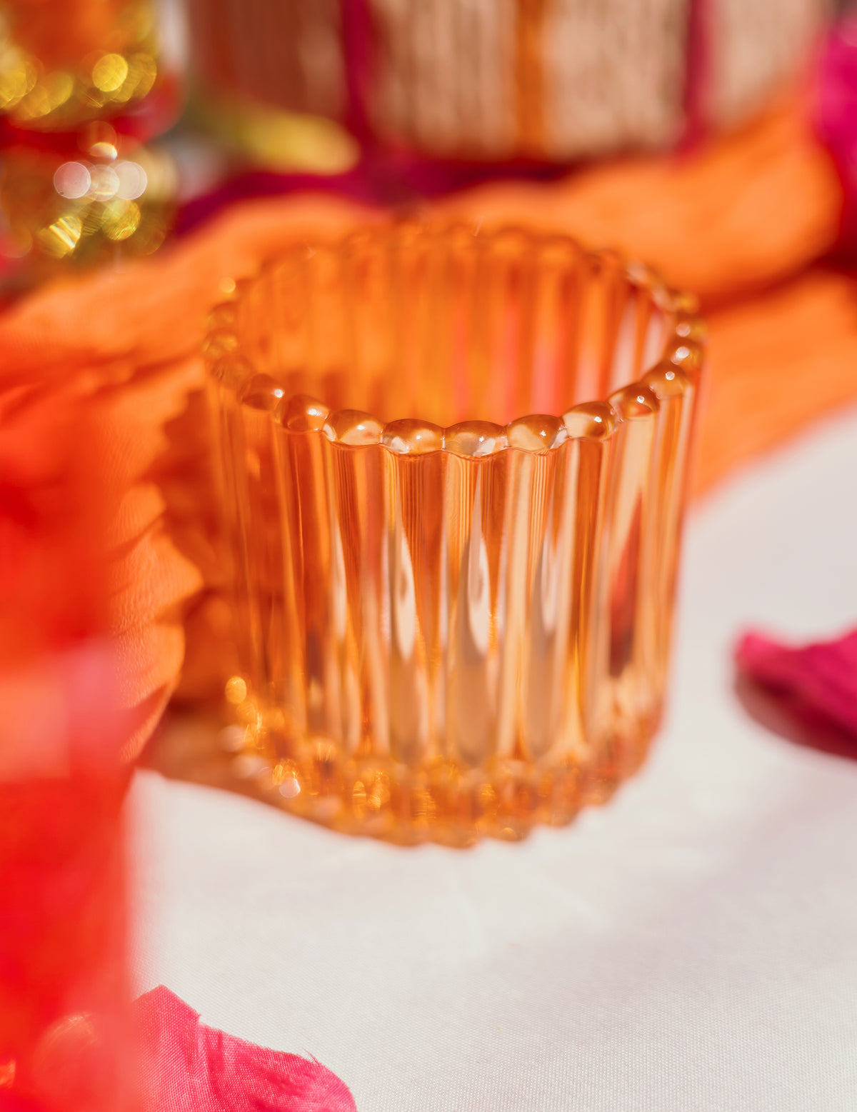 3 Windlichter aus Glas in Rosa, Orange und Gelb