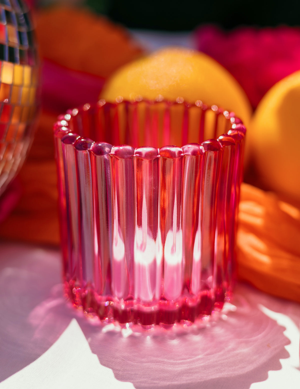 3 Windlichter aus Glas in Rosa, Orange und Gelb