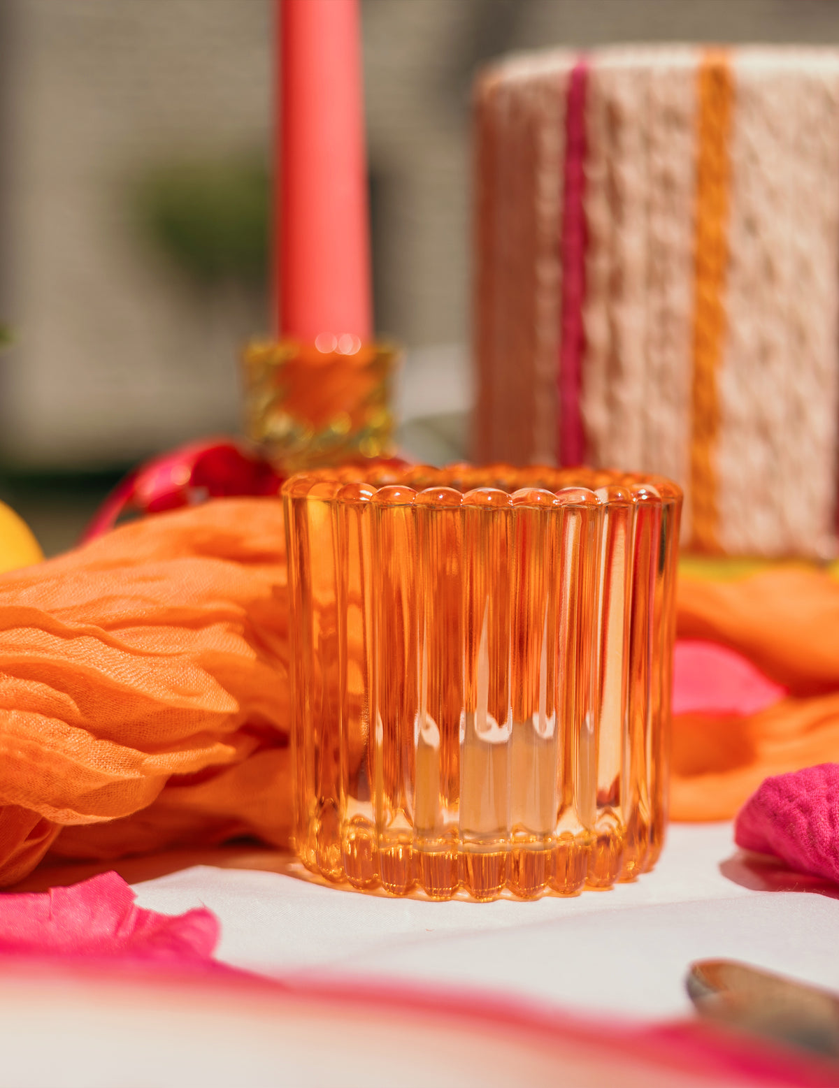 3 Windlichter aus Glas in Rosa, Orange und Gelb