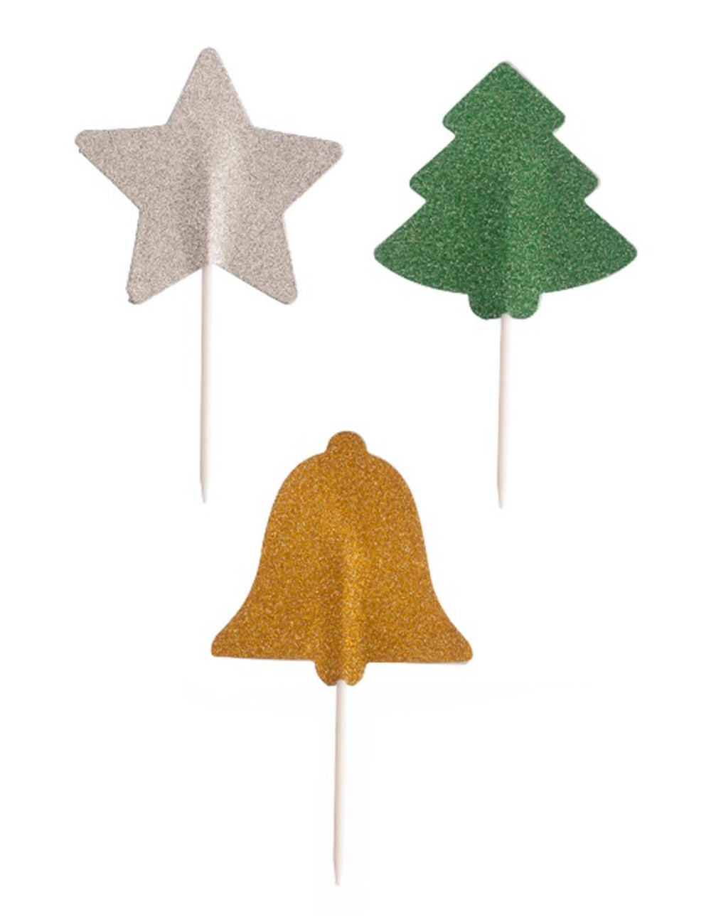 Piques en papier pailletés Noël pour décoration de fête argent vert et or sapin étoile cloche